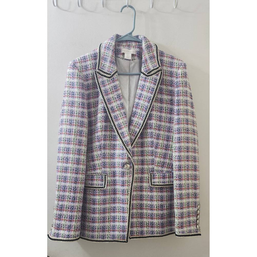 House of Harlow 1960 Pastel Plaid Tweed Blazer Jacket Braided Trim Size L